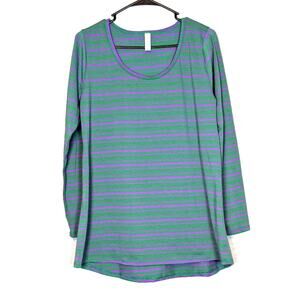 NWT LulaRoe Lynnae Purple Green Striped Long Sleeve Crew Neck Kid Core Woman L